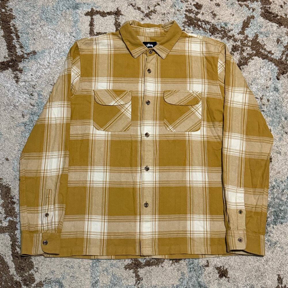 Stussy Plaid Button Up Flannel Shirt Size XL Gold/White Skate Y2K